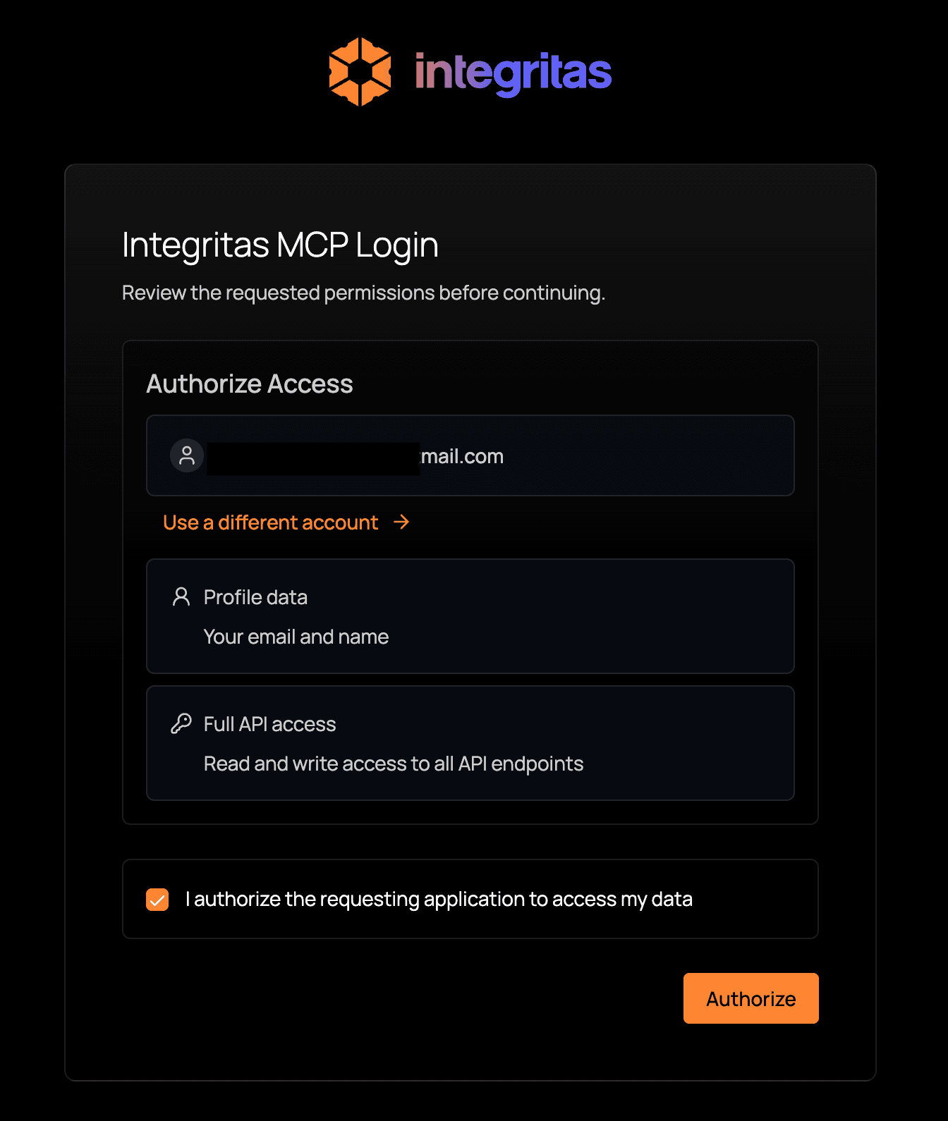 Integritas authorization page in Cursor