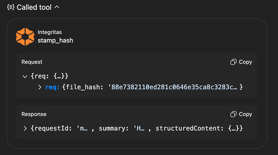 ChatGPT call Integritas MCP tool stamp_hash