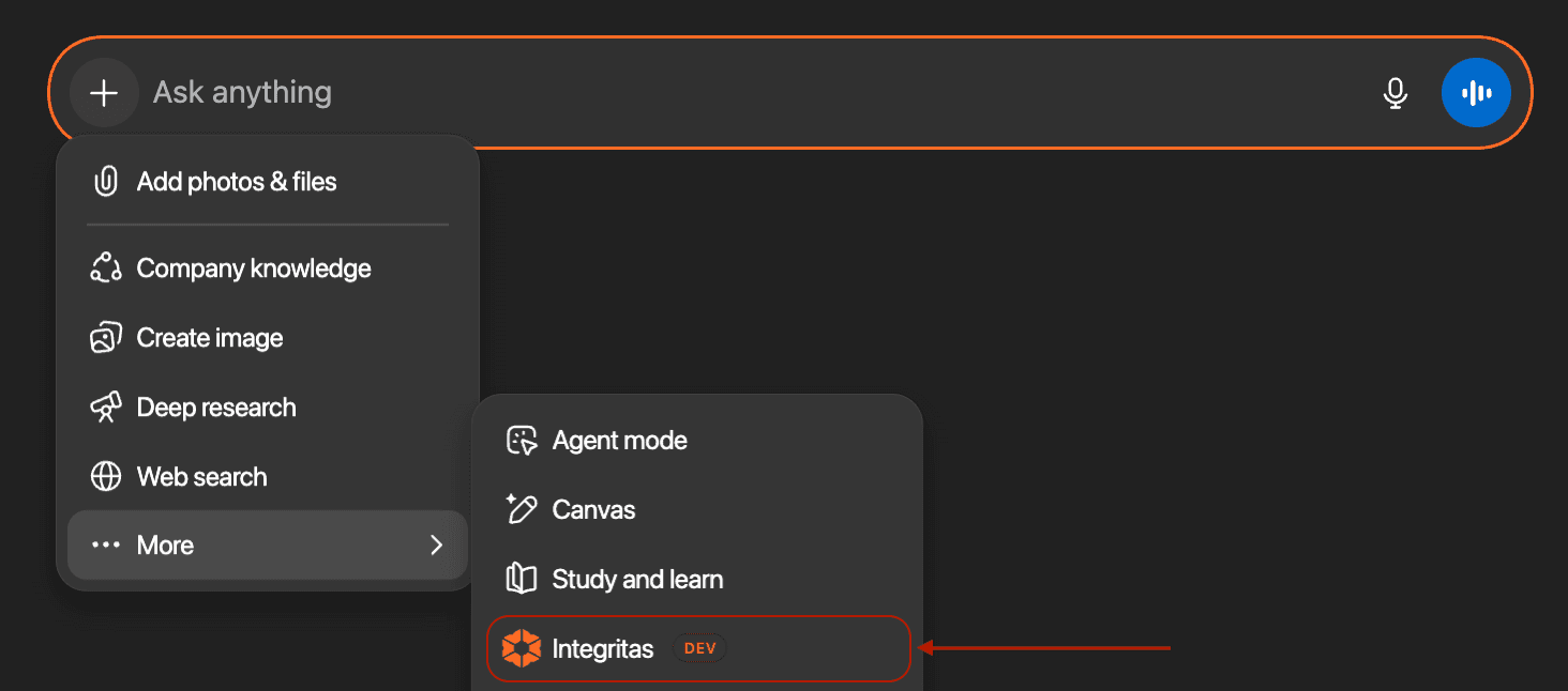 Add Integritas connector app in ChatGPT