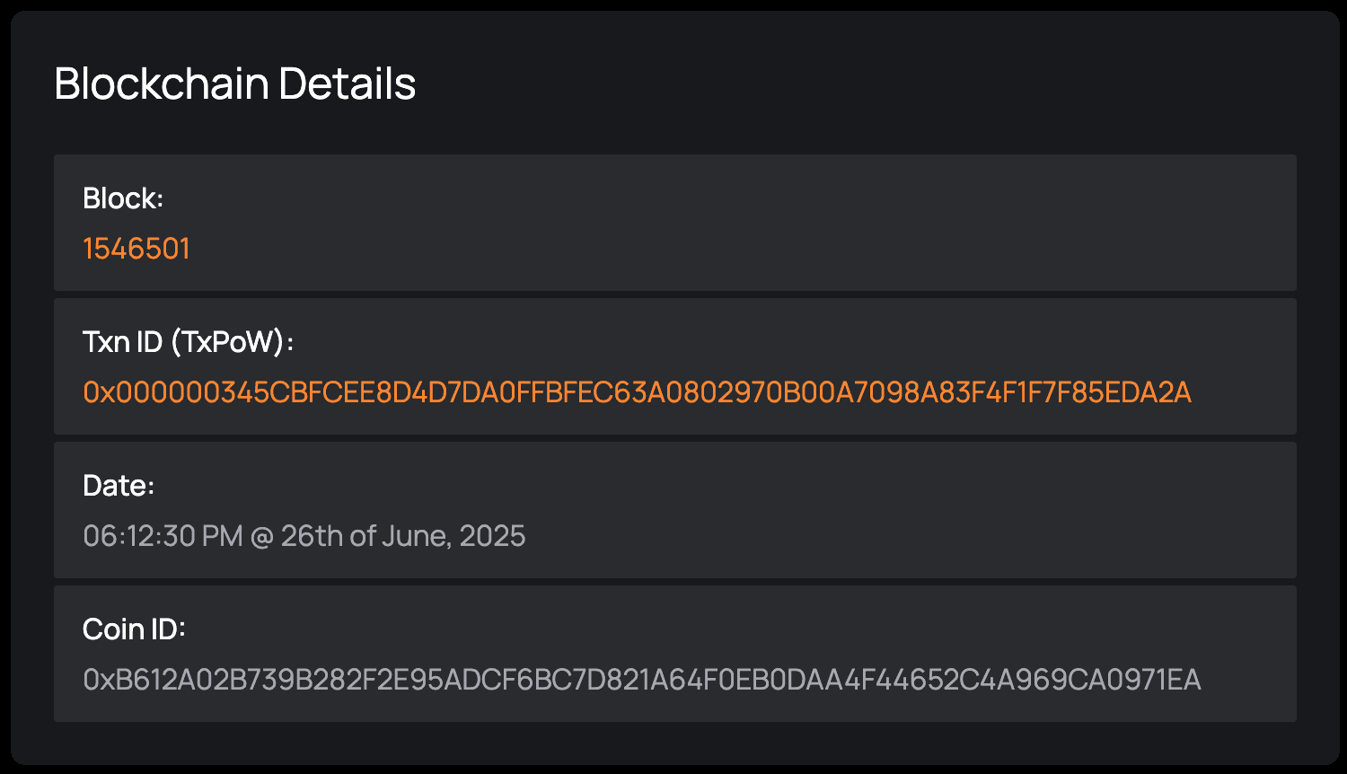 Integritas web app - blockchain details