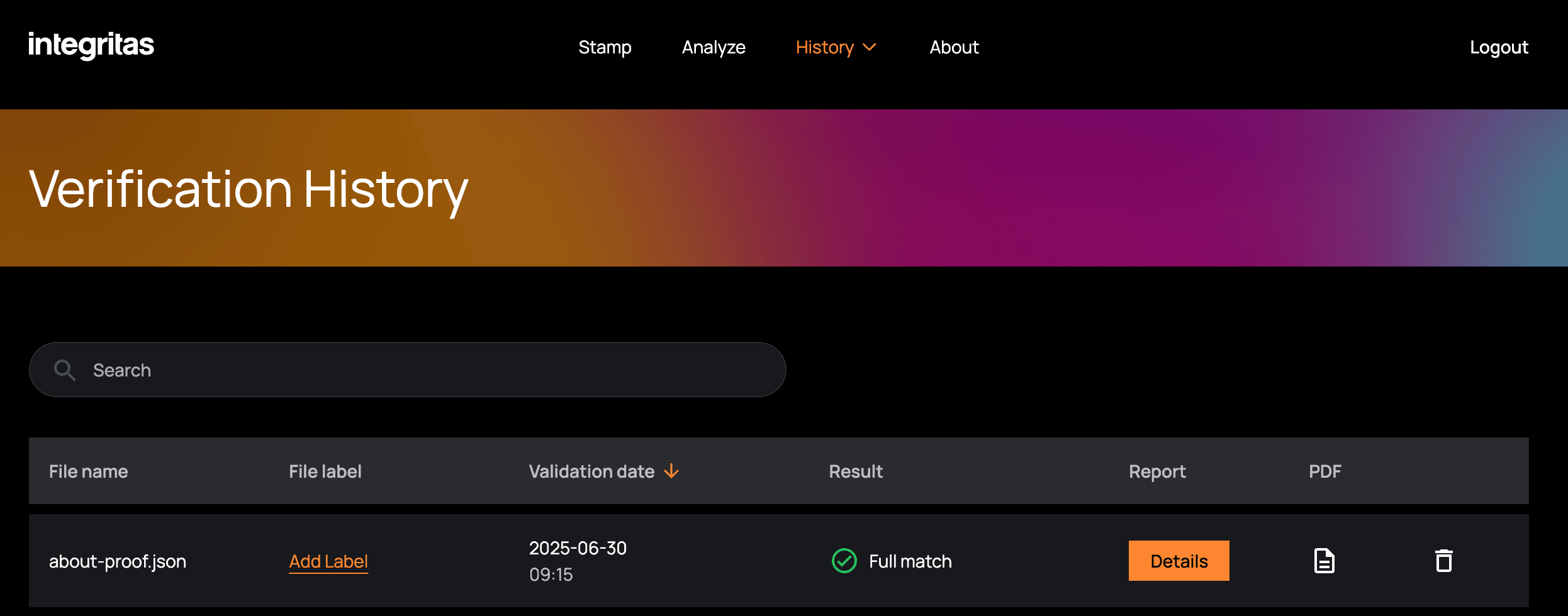 Integritas web app - verification history